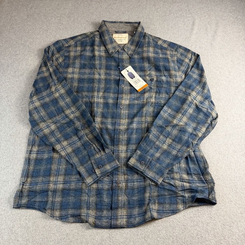 Weatherproof Vintage Mens XXL Blue Gray Plaid Flannel Button Down Shirt NWT